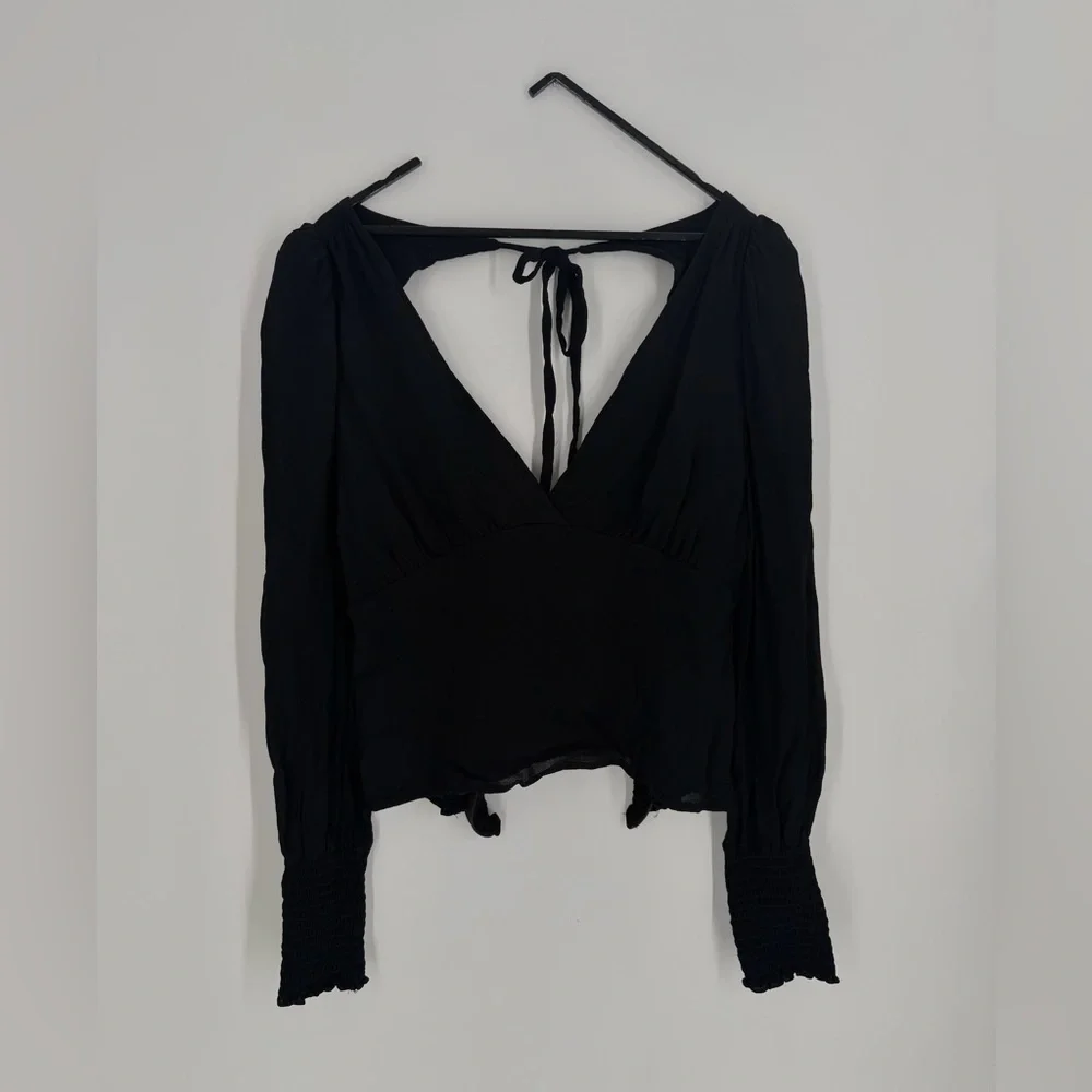 Reformation Michel Fitted Bodice Deep V Tie Cut Out Smocked Top In Black